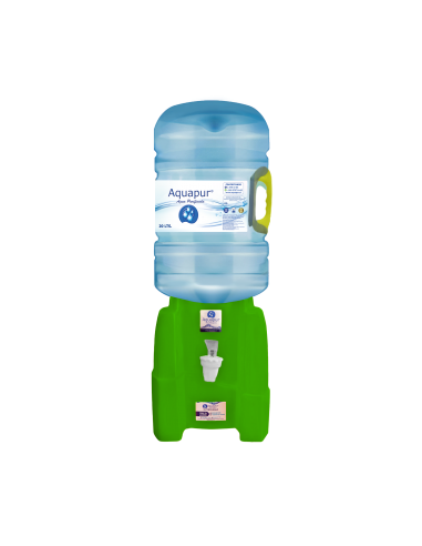 dispensador de agua purificada de color verde con un bidon de 20 litros encima
